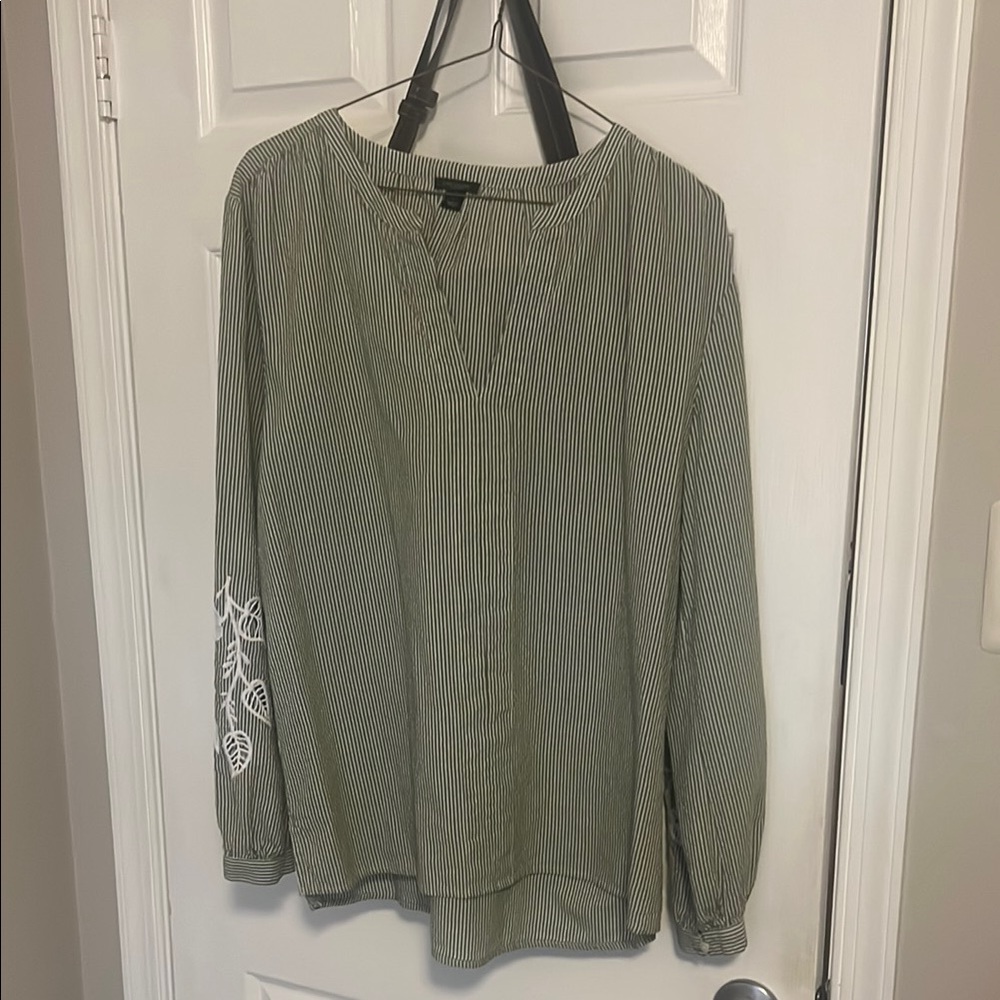Ann Taylor Striped Green Blouse with Embroidered Sleeves